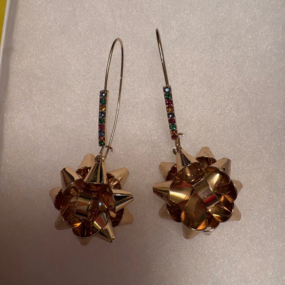 Betsey Johnson Gold Rhinestone Bow Chandelier Dangle Earrings